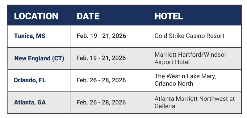 Table of Dates, Locations, and Hotels